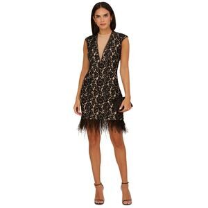 Aidan Adrianna Papell Feather Trim Sheath Whimsy Lace Dress Black/Nude 14 NWT